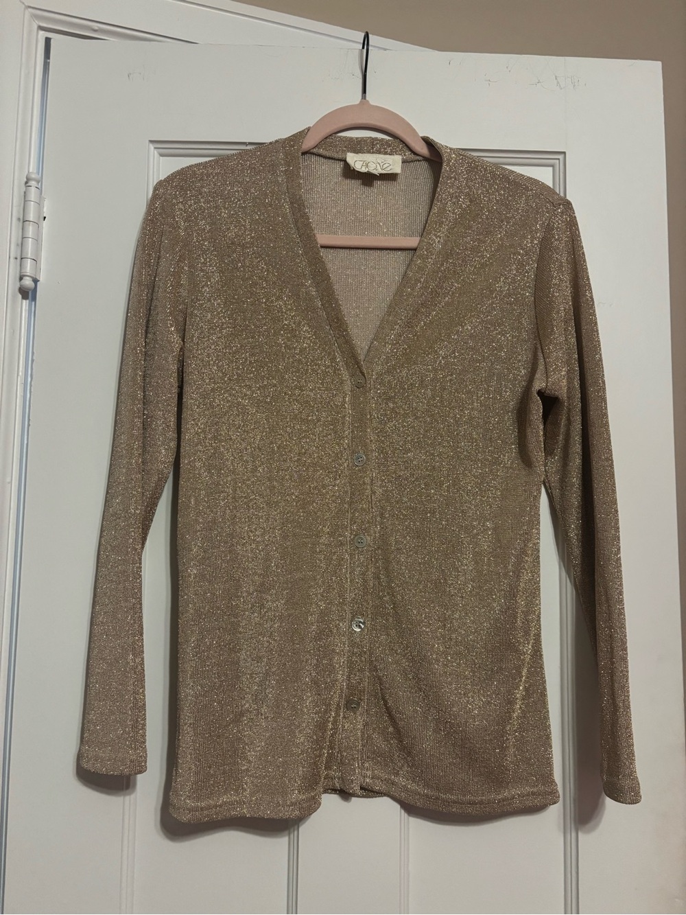 Vintage Metallic Gold V-Neck Button Cardigan Sweater cache size medium